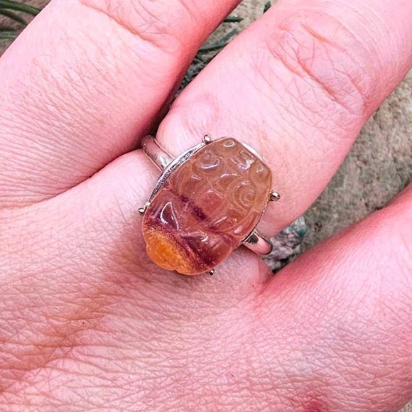 Nature Rainbow Fluorite Hand Carved Blessing Pi Xiu Adjustable Ring - Picture 4 of 10